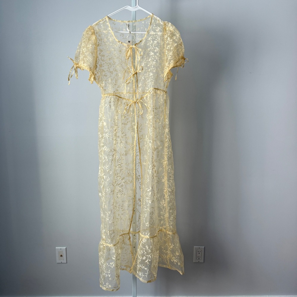 Anthropologie XS Canary Yellow Sheer Floral Maxi Dress Women New Tie Front Boho - Picture 2 of 9